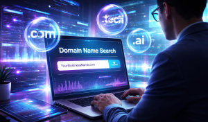 Futuristic domain name search interface on laptop with floating domain extensions and holographic UI in a modern digital workspace.