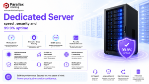Dedicated Server Hosting infrastructure featuring enterprise-grade server rack with 99.9% uptime, advanced security, blazing speed, scalable resources, and high-performance hardware.
