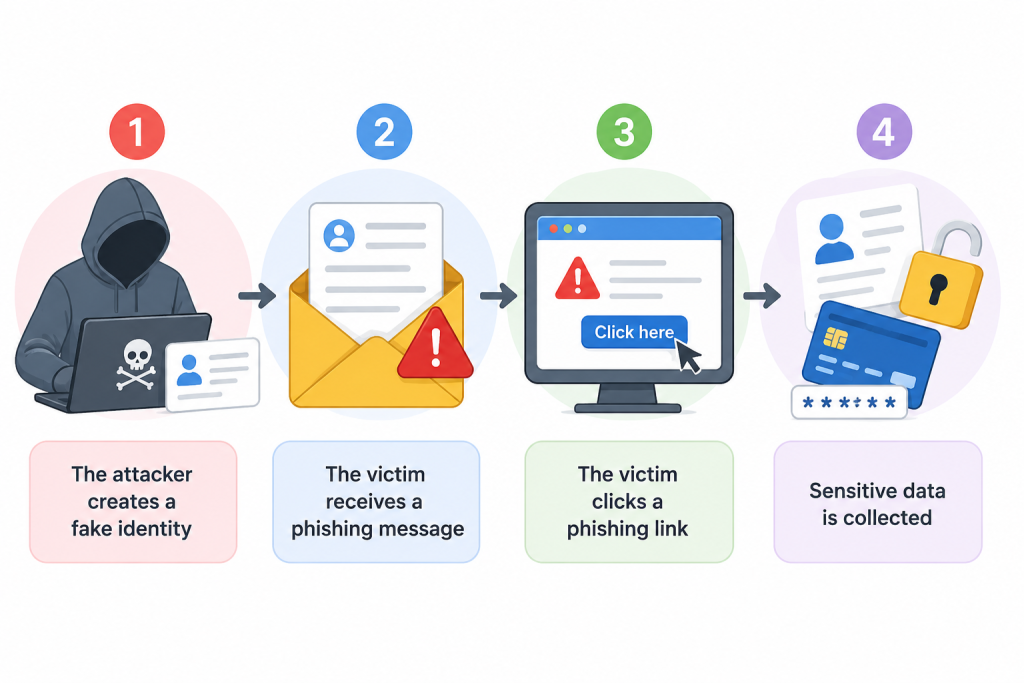 This infographic illustrates the step-by-step process of a phishing attack, showing how cybercriminals create a fake identity, send a fraudulent message, trick victims into clicking a malicious link, and steal sensitive personal or financial information. It is designed to raise cybersecurity awareness and help users understand how phishing scams work.