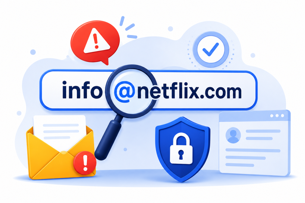 This illustration demonstrates how to identify a phishing email or fake website by examining suspicious email addresses, warning signs, and security indicators. It promotes cybersecurity awareness by encouraging users to verify links and sender details before sharing sensitive information.