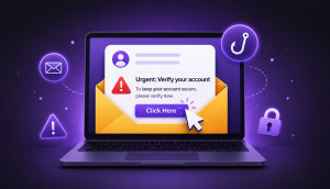What is a phishing attack? Cybersecurity illustration explaining phishing emails, fake websites, malicious links, common phishing scams, and prevention tips for 2026.