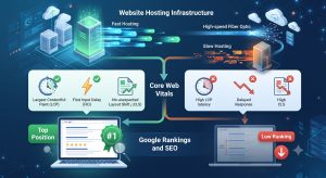 Infographic comparing website hosting infrastructure, showing how fast hosting improves Core Web Vitals (LCP, FID, CLS) and leads to top Google rankings, contrasted with slow hosting causing poor performance and low SEO ranking.
