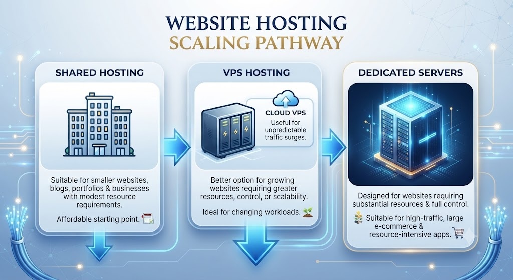 how businesses can scale their website hosting as traffic and resource needs grow—from Shared Hosting to VPS Hosting and finally Dedicated Servers.