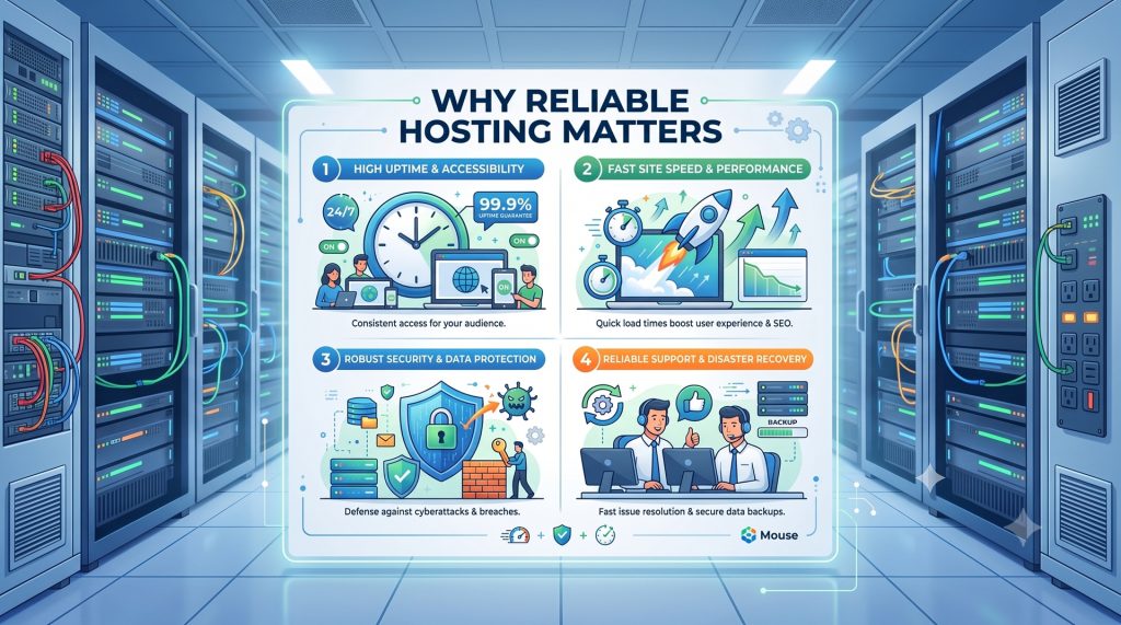 This image highlights the importance of reliable web hosting by showcasing key benefits such as high uptime, fast website performance, strong security, and dependable customer support for maintaining a successful online presence.