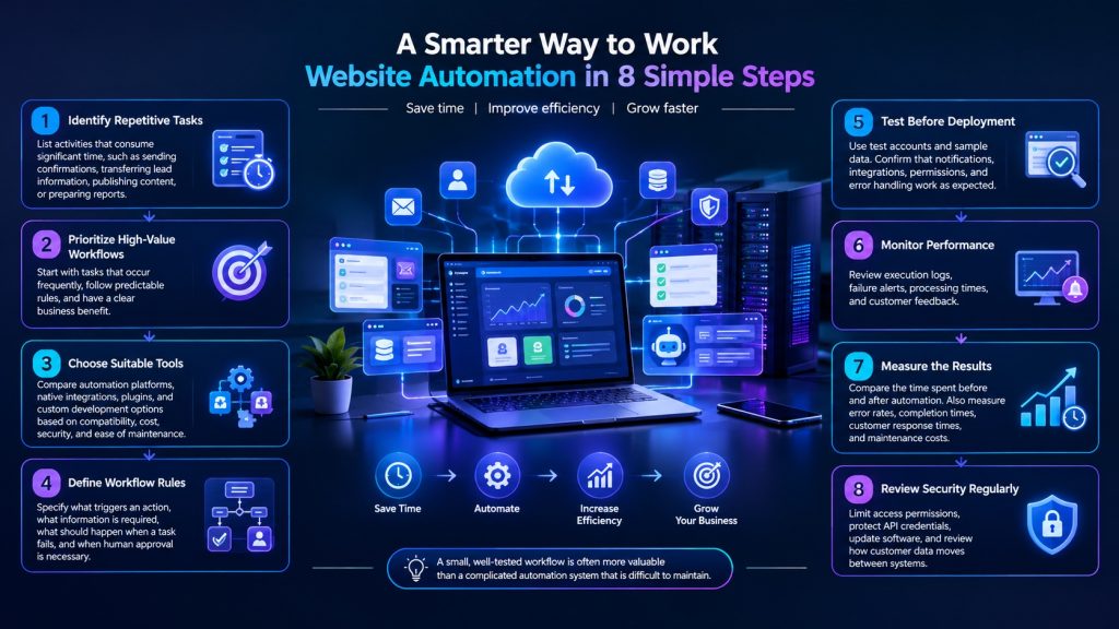 "A Smarter Way to Work: Website Automation in 8 Simple Steps," featuring a laptop dashboard surrounded by glowing tech icons. It outlines eight steps: identifying repetitive tasks, prioritizing workflows, choosing tools, defining rules, testing, monitoring, measuring results, and reviewing security.
